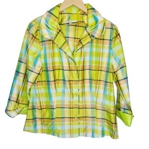 Marisa Baratelli 100% Thai Silk Plaid Jacket Lime Green Flower Buttons Size 12